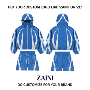 Ensemble court coupe-vent ZAINI ZI-208 Premium en nylon tricoté 130 GSM bleu et blanc, logo brodé personnalisé, séchage rapide, à capuche, hiver, OEM - Product Image 1