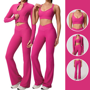 Ensemble de yoga 3 pièces personnalisé pour femme automne-hiver : veste zippée, soutien-gorge de sport et pantalon évasé à taille croisée en V – Tenue de sport et fitness - Product Image 1