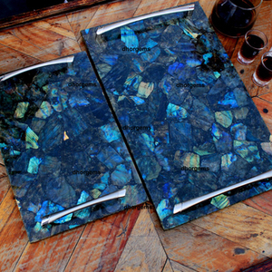 Plateau rectangulaire en pierre de cristal naturelle polie, ardoise noire, multifonctionnel, pour servir le thé et le café, avec poignée – Offre Spéciale - Product Image 1