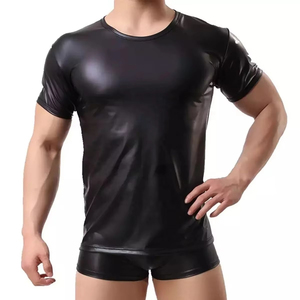 Men's High Quality Solid Shiny PU Leather Long Sleeve Crew Neck T-<b>Shirt</b>-High Street Casual Winter Wear Breathable Eco-Friendly - Product Image 2