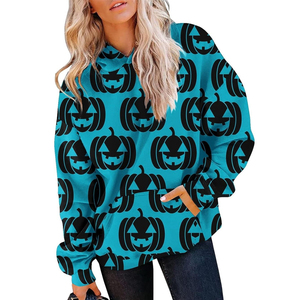Premium Women's Sublimated <b>Halloween</b> <b>Hoodie</b> All Over Teal Blue Jack O Lantern Pumpkin Print Polyester Pullover Sweatshirt OEM - Product Image 2