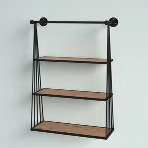 Étagère murale industrielle à 3 niveaux en métal noir avec cadre en bois, présentoir flottant pour salon, cuisine, bureau - Product Image 2