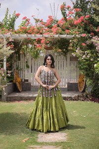 Ensemble Chaniya Choli Dupatta de haute qualité, tendance Navratri, en soie Banarasi, avec broderie multicolore et travail de pierres, style Lehenga de mariée - Product Image 4