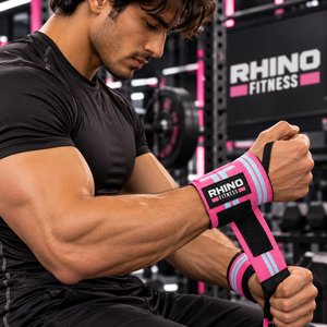 ผ้าพันข้อมือสีชมพู RHINO FITNESS แบบมีแถบตีนตุ๊กแก สำหรับยกน้ำหนักและออกกำลังกาย - Product Image 3