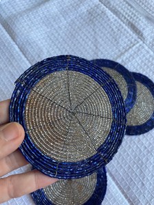 Set of 6 Vintage Beaded <b>Coasters</b>, Blue <b>Silver</b> Tribal Boho Decor - Product Image 1