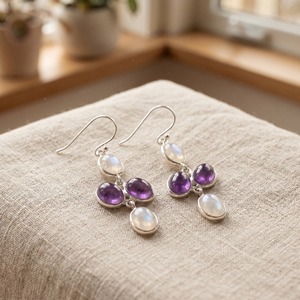Natural Amethyst Rainbow Moonstone <b>Dangle</b> <b>Earrings</b> 925 Sterling <b>Silver</b> Handmade Gemstone <b>Earrings</b> Gift for Women - Product Image 5