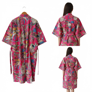 Robe de nuit kimono en coton biologique rose à motifs floraux, col en V, manches longues, tissée à la main, pour femme, prix usine, vente en gros - Product Image 5