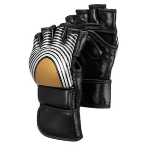 Mma <b>Gloves</b> Leather Half Finger Velcro Closure Black <b>Silver</b> Gold Striped Design For Martial Arts Adults - Product Image 2
