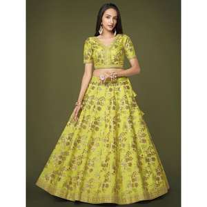Fascinant néon vert paillettes soie Sangit Wear Lehenga Choli - Product Image 6