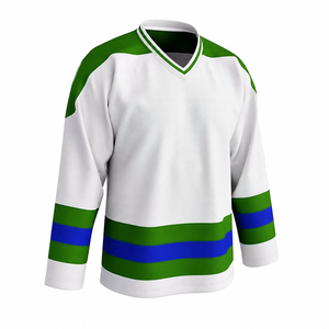Best Quality Ice Hockey Jersey Sports Wear White Green <b>Blue</b> Striped V-Neck Full Sleeve 100% Polyester Adult Unisex - Product Image 3