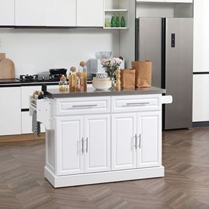 Carrello da Cucina Portatile con Isola Girevole, Ecologico in Acciaio al Carbonio, Piano in Marmo Bianco e Acciaio Inossidabile, con Portasciugamani e Portaspezie - Product Image 2