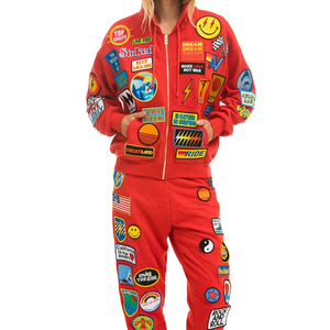 Ensemble de sweat-shirts à capuche pour femmes avec appliques, style décontracté, manches longues, tricot en coton, design patchwork rouge, vêtements d'automne - Product Image 1