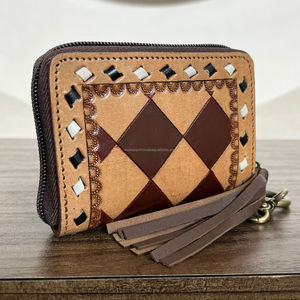 Mode petit porte-monnaie en cuir à carreaux usiné à la main en cuir de vachette Mini portefeuille porte-cartes multiples porte-monnaie à fermeture éclair pour les femmes - Product Image 5