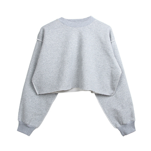 Sudadera de Mujer, Cuello Redondo, Color Crema, Manga Larga, Tejido Holgado, Color Sólido, Corte Corto, 100% Algodón, Ropa de Otoño - Product Image 4