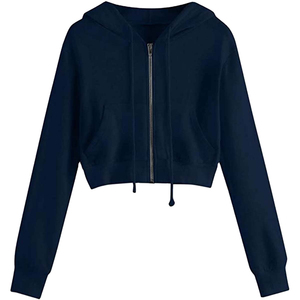 Women's Black <b>Cropped</b> Hoodie <b>Zip</b>-<b>Up</b> Sweatshirt Full Sleeve Solid Color Knitted Cotton Autumn Wear Casual Style - Product Image 6