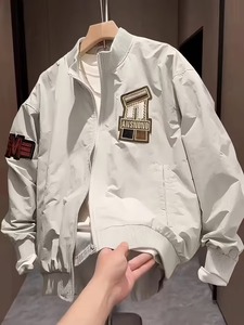 OEM 100% Cotton Men's White Bomber <b>Jacket</b> Embroidered <b>Patch</b> Design Zipper Closure Streetwear Style Breathable Eco-Friendly - Product Image 2