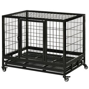 36-Inch Heavy Duty Double-Door Dog <b>Crate</b> with Lockable Wheels and Removable Tray for Medium and Large Dogs Black - Product Image 1