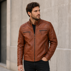 <b>Men</b> Custom PU Leather <b>Jacket</b> Brown Biker Style <b>Canvas</b> Stand Collar Plaid Pattern Quick Dry Breathable Autumn Zip up - Product Image 5