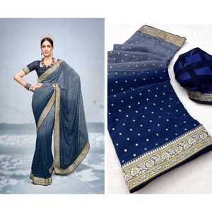 DESIGNER GEORGETTE IMPRIMÉ EN FEUILLE TRAVAIL SAREE AVEC BLOUSE NON COUCHÉE BLEU MARINE - Product Image 1