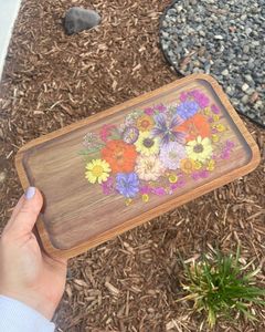 <b>Pressed</b> <b>Flower</b> Resin Wooden Serving Tray Floral Art Epoxy Resin Tray with Wood Base Botanical Resin Handmade Serving Tray - Product Image 3