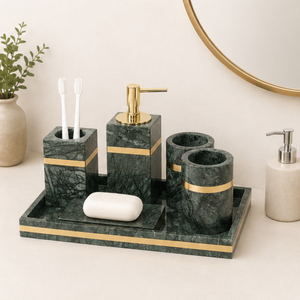 Luxury Natural Green Marble Bathroom Accessories <b>Set</b> with Brass Inlay Bath <b>Set</b> for Hotel & Includes <b>Soap</b> Dispenser - Product Image 4