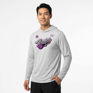 Camiseta de Baloncesto Blanca al por Mayor – Sudadera de Manga Larga con Capucha de Alto Rendimiento que Absorbe la Humedad, Estampado Sublimado Morado - Product Image 1