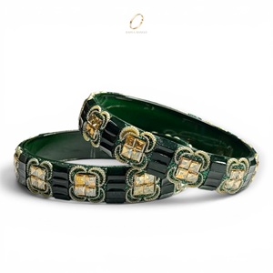 Ensemble de bracelets en verre tendance de style cachemiri, plaqués or, vert foncé, bijoux indiens, fabricant en gros - Product Image 2