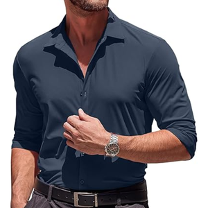 Camisa de Vestir para Hombre, Tejido Sólido, Manga Larga, Cuello Clásico, Antiarrugas, Estilo Formal y Casual de Negocios - Product Image 3