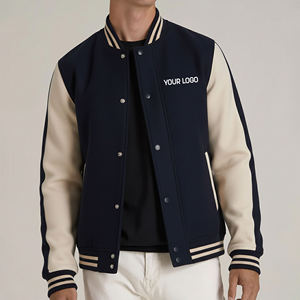 Custom Logo <b>Men's</b> Navy <b>Cream</b> Color Block Varsity <b>Jacket</b> Regular Fit Turn-down Collar Button Closure Autumn Casual Wear - Product Image 1