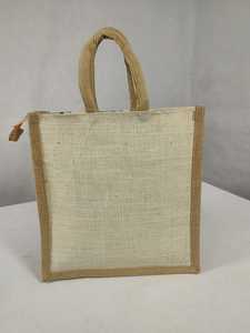 Eco Friendly Natural Jute Tote <b>Shopping</b> <b>Bag</b> with Printed Fabric Front Panel Durable Jute Handles Top <b>Zip</b> Closure Wedding Ready - Product Image 3