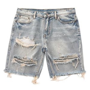 <b>Mens</b> Light Blue Denim Shorts Distressed Ripped Frayed Hem White Paint Splatter Five Pocket Style Casual Summer Streetwear Jorts - Product Image 1