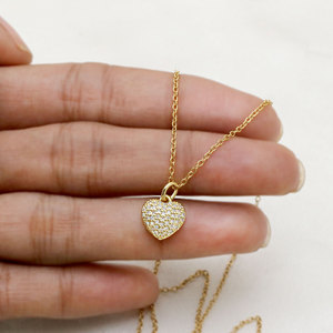 925 Sterling Silver Gold Plated Heart Pendant Necklace White CZ Pave Setting <b>Cable</b> Chain Wholesale Jewelry - Product Image 2