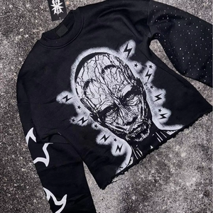 Vêtements de mode sur mesure haut de gamme, t-shirt en coton avec strass, impression sérigraphique, streetwear, manches longues à double couche pour hommes - Product Image 3