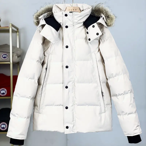 White <b>Hooded</b> Down Puffer Jacket With <b>Fur</b> Trim Stand Collar Windproof Casual Winter <b>Coat</b> Solid Color Thick Regular Fit - Product Image 1