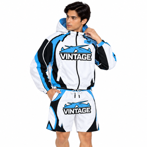 เสื้อแจ็คเก็ตและกางเกงขาสั้นไนลอนสีน้ำเงินสไตล์ Y2K แบบสั่งทำพิเศษสำหรับผู้ชาย พร้อมแผงตัดต่อสีตัดกัน เสื้อแจ็คเก็ตมีฮู้ดสำหรับเล่นกีฬาฤดูร้อนสุดพรีเมียม - Product Image 5