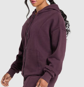 Sweat à capuche zippé pour femme, couleur prune, coupe classique, en molleton de coton, couleur unie, avec poches, tendance, haute qualité, pour l'automne - Product Image 3