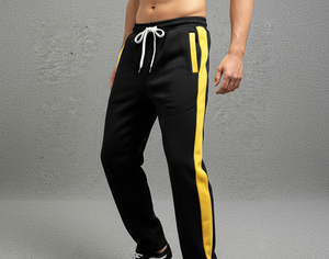 Pantalon de jogging décontracté pour homme, noir délavé, avec bandes latérales jaunes, taille élastique et cordon de serrage, 100 % coton, idéal pour l'automne - Product Image 4