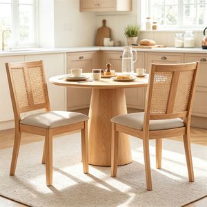 Chaises de salle à manger en bois de caoutchouc, style français, lot de 2, avec dossier en rotin tressé en PVC et assise rembourrée en tissu - Product Image 2