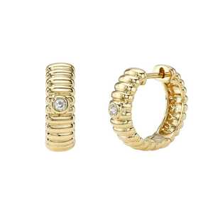 Minimalist Ridge Round Lab Grown Diamond Hoop <b>Earrings</b> 14K Solid Gold Bezel Set Solitaire Classic Small Huggie <b>Fine</b> Jewelry Pair - Product Image 5