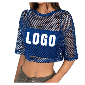Women blue <b>Fishnet</b> Mesh Crop Top Stylish Casual Streetwear Breathable Short Sleeve Festival Rave Fashion Shirt - Product Image 1