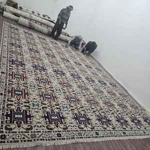 Tapis en laine noué à la main, tapis à motifs géométriques tribaux, tapis traditionnel crème bleu marron, décoration pour salon, chambre à coucher, maison - Product Image 5