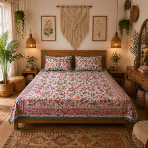 Parure de draps plats en coton imprimé à la main de Jaipur, taille King, teintures non toxiques, doux, respirant, durable, écologique, style bohème, 200TC - Product Image 5