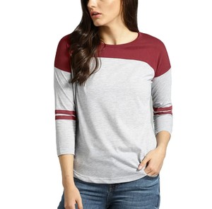 Camiseta Casual de Punto para Mujer, Más Vendida, con Bloques de Color, Manga Raglán, Cuello Redondo, Manga Tres Cuartos, Diseño de Rayas Grises y Rojas - Product Image 1