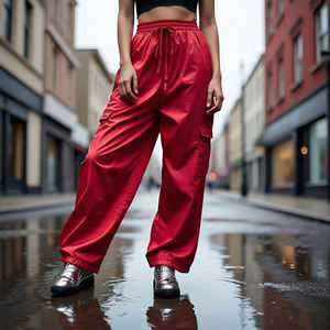 Pantalon cargo parachute taille haute ample à jambes larges pour femme, style streetwear décontracté, avec poches et cordon de serrage - Product Image 5