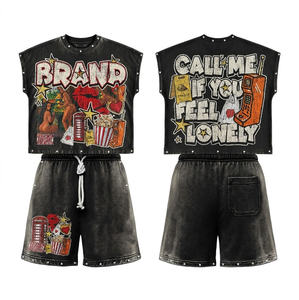 Ensemble haut et short sans manches en coton premium 260 GSM, noir délavé vintage, avec impression graphique en relief et logo personnalisé. - Product Image 3
