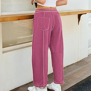 Pantalon large bleu marine pour femme avec surpiqûres blanches, taille haute à cordon, coupe décontractée, longueur complète, en coton infroissable - Product Image 4