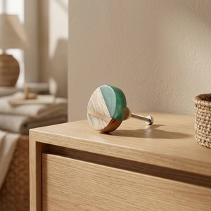 Modern Wooden Round Cabinet <b>Knob</b> with Turquoise Resin and <b>Brass</b> Inlay for Kitchen Drawer Handle Scandinavian Style - Product Image 4