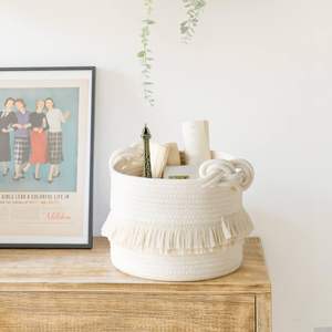 <b>Small</b> Woven Storage <b>Basket</b> Cotton Rope Decorative <b>Hamper</b> with Tassel Nursery Diaper Blanket Magazine Organizer - Product Image 5