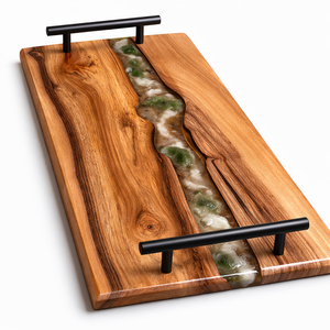 Premium Wooden Tray with Turquoise Resin Inlay and Metal <b>Handles</b> Hot Selling Acacia Wood Serving Tray New Arrival - Product Image 3