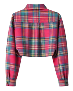 Chemise courte pour femme à carreaux roses personnalisée, col rabattu, manches longues, boutonnée, style décontracté, fabricant OEM - Product Image 5